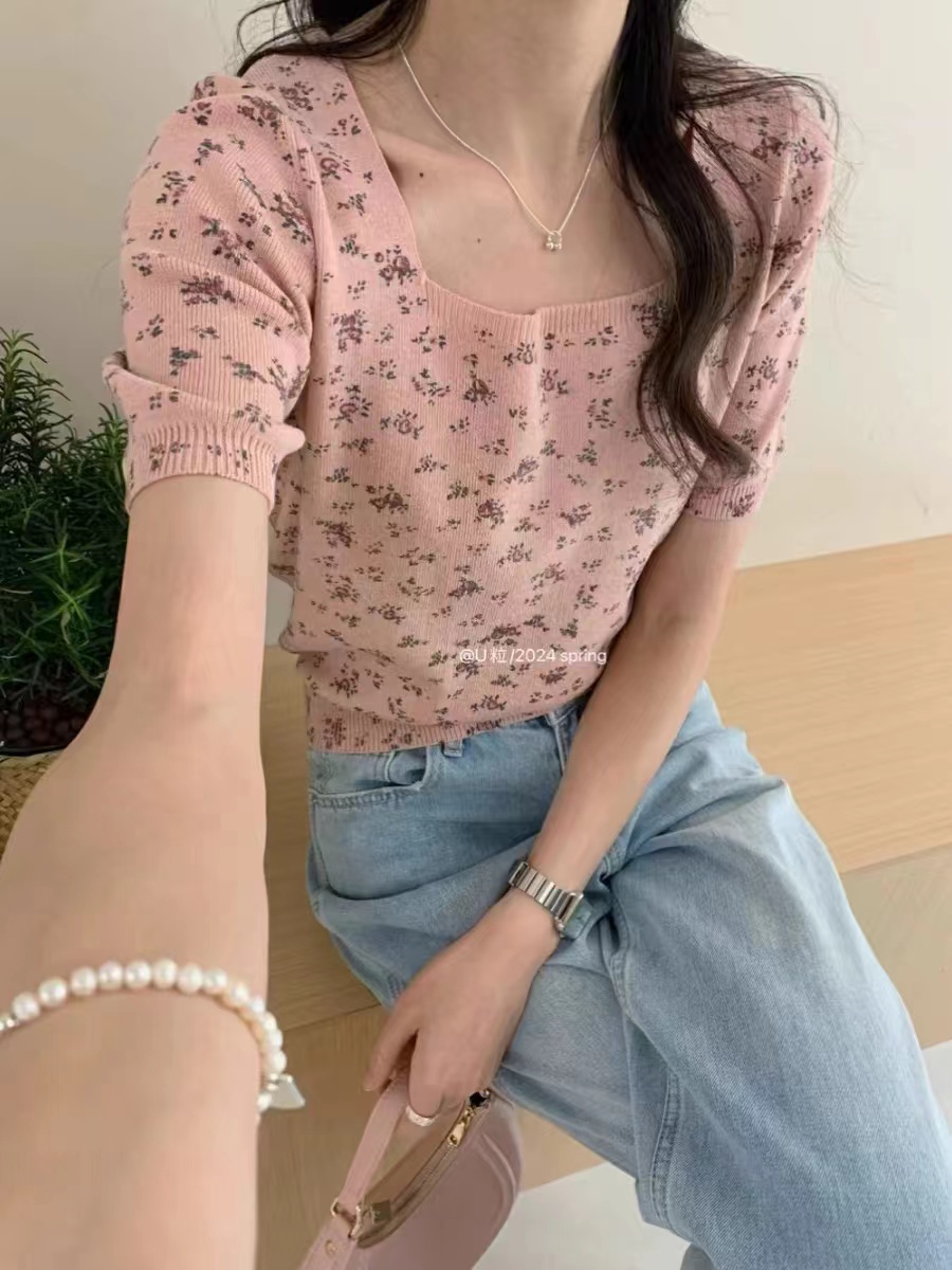 韓系淑女風方領小花朵短袖小衫春夏新款簡約百搭顯瘦減領針織衫女