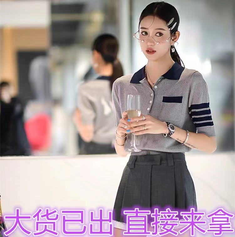 CAN gray high-end short-sleeved knitted T-shirt summer new college style thin section slim puppy POLO shirt women's top