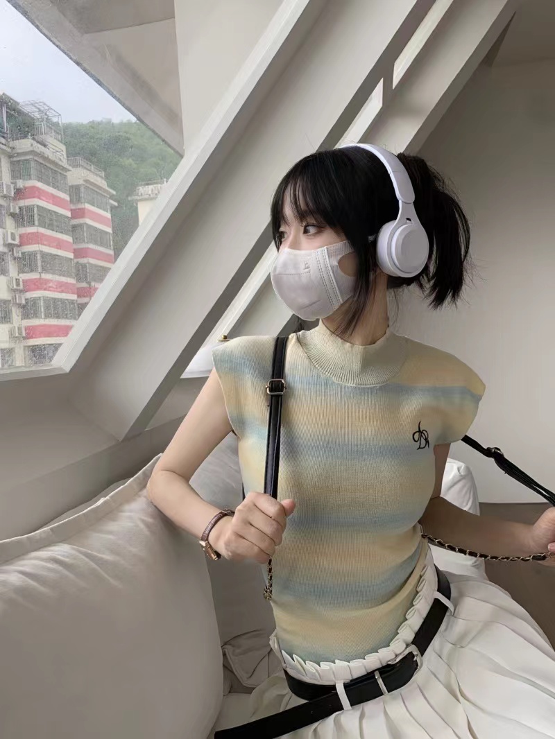 春季新款~油畫少女甜辣妹半高領氣質條紋連肩袖針織衫