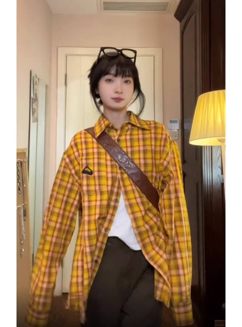 原版面料國潮牌復古撞色慵懶風高級感氣質格子襯衫女