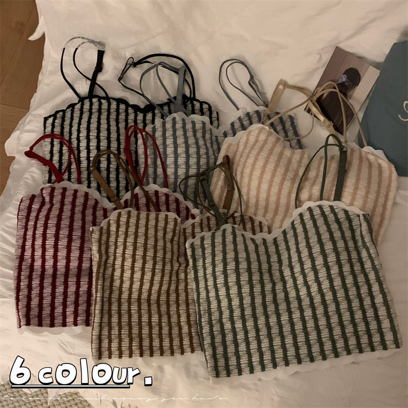 Actual shot~Pure Sexy Slim Contrast Color Stripes Comes With Coasters Plus Fat Large Version Bra Camisole for Women