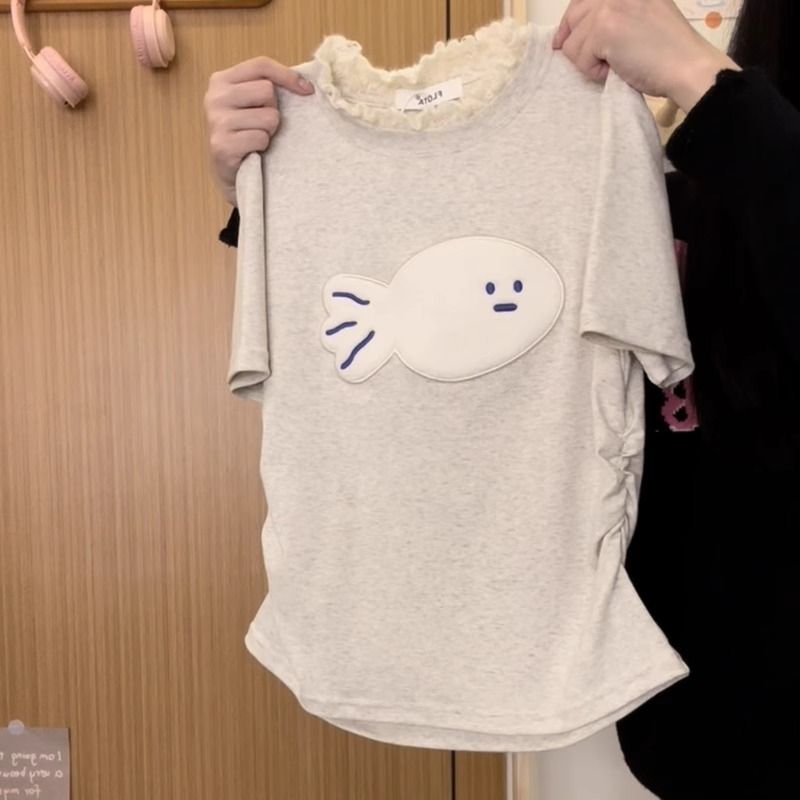 刺繡40支210克92棉8氨綸卡通植絨小魚正肩甜妹風短袖