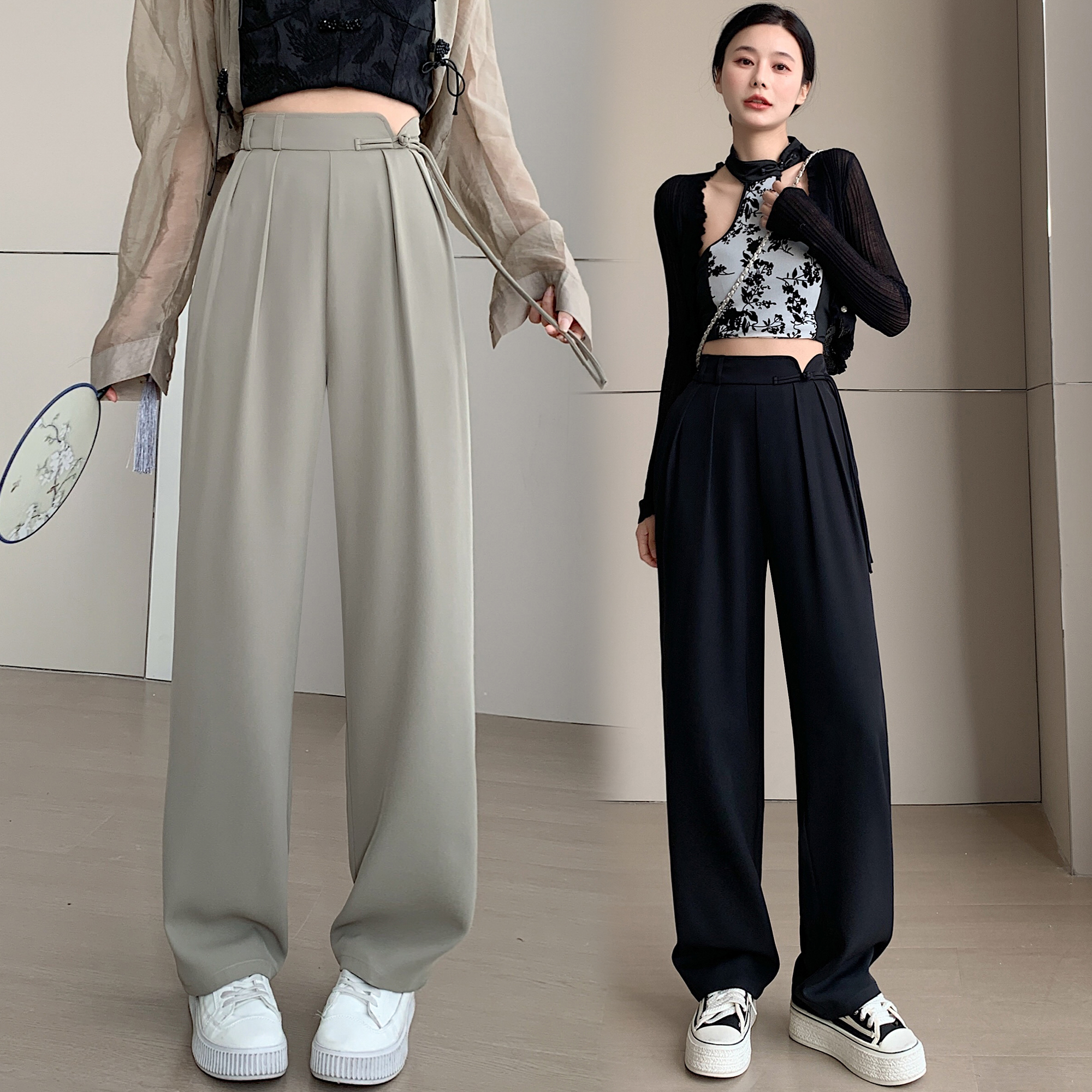 Spring and summer new style national style buckle design versatile high waisted narrow casual pants western wide leg pants
