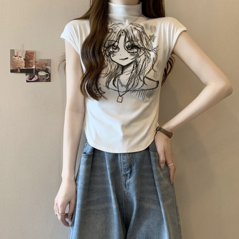 實拍  40支純棉 2024夏裝半高領印花打底衫女短袖T恤