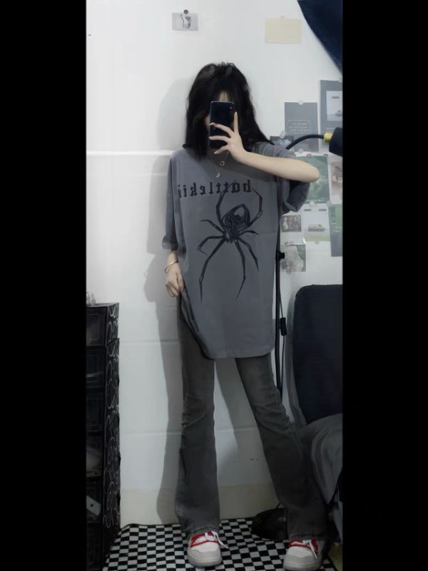 美式蜘蛛印花短袖T恤男女夏季新款潮牌寬鬆oversize情侶百搭上衣