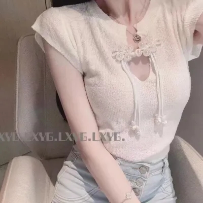 夏季新中式復古盤扣V領套頭短袖顯瘦薄款純色短款針織衫上衣女潮