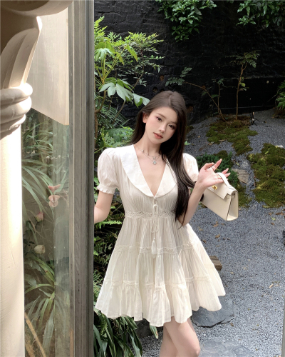 Real shot~Sweet white baby doll collar, puff sleeves, lace splicing, bohemian fairy big skirt