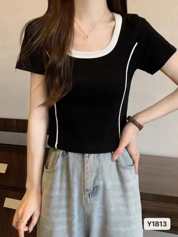 2024夏季新款設計感洋氣減齡U領拼色邊百搭短袖上衣女