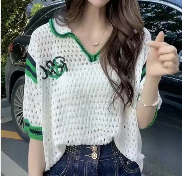 Colorblock Hollow Knitted Sweater Women's 2024 Summer New European Style Fashionable and Versatile Loose Slim Knitted Top