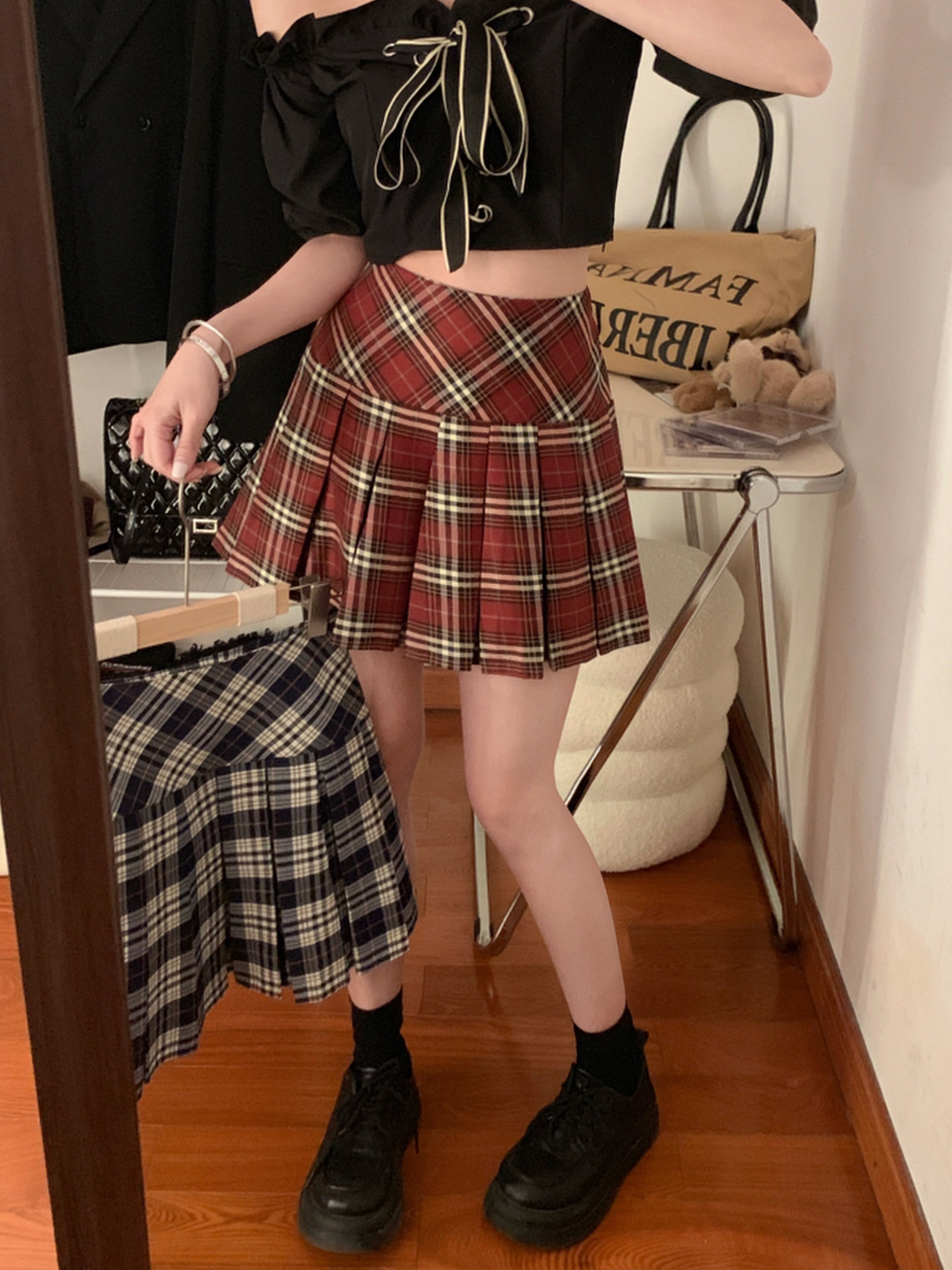 實拍紅色格子半身裙早春美式復古A字百褶裙短裙韓系裙子半裙