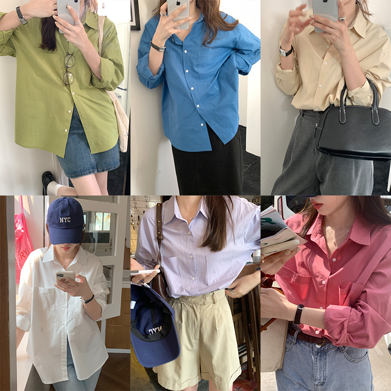 Real shot of Korean style shirt spring and summer long-sleeved tops 2024 loose lazy casual multi-color letter embroidered shirt for women