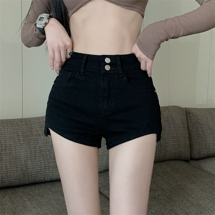 實拍 ~美式辣妹牛仔短褲女高腰a字彈力提臀緊身熱褲