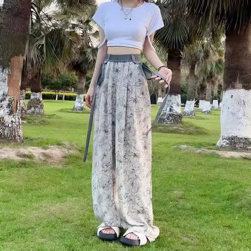 水墨畫國風冰絲闊腿褲夏季闊腿褲女薄款休閒飄帶垂感直筒拖地褲子