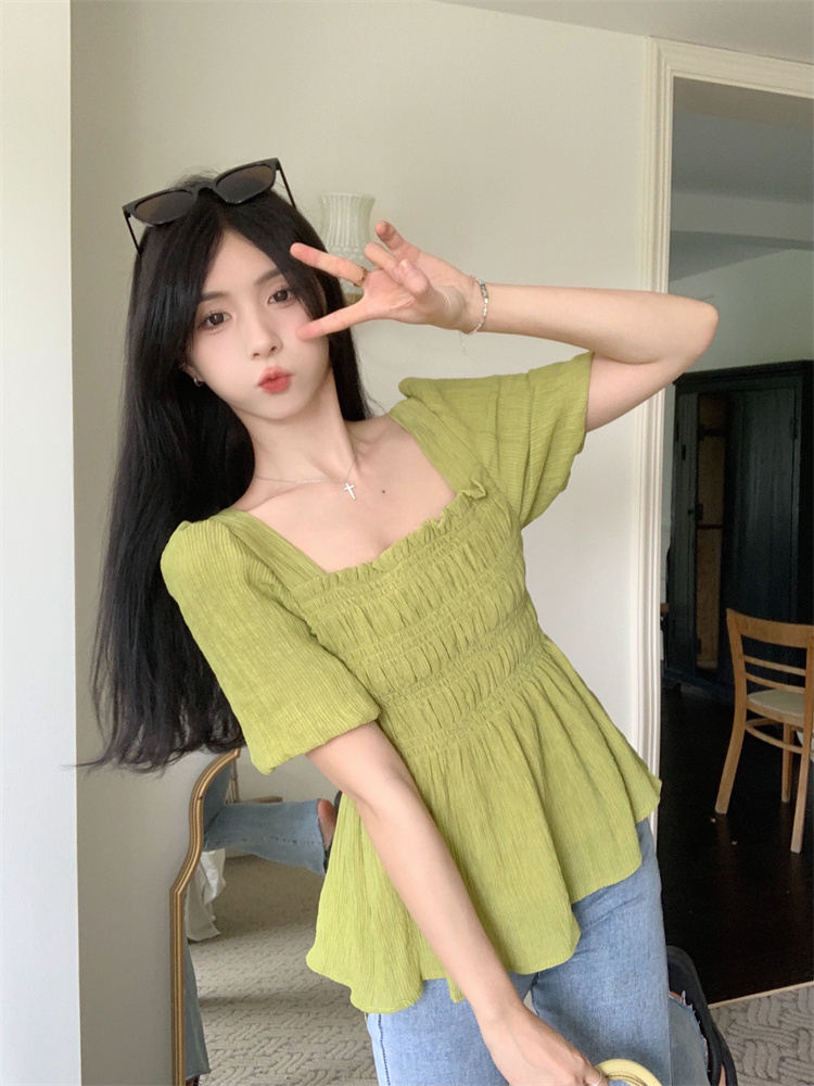 B020 real shot~large size summer French ear-hemmed shirt short-sleeved slim puff-sleeved short top