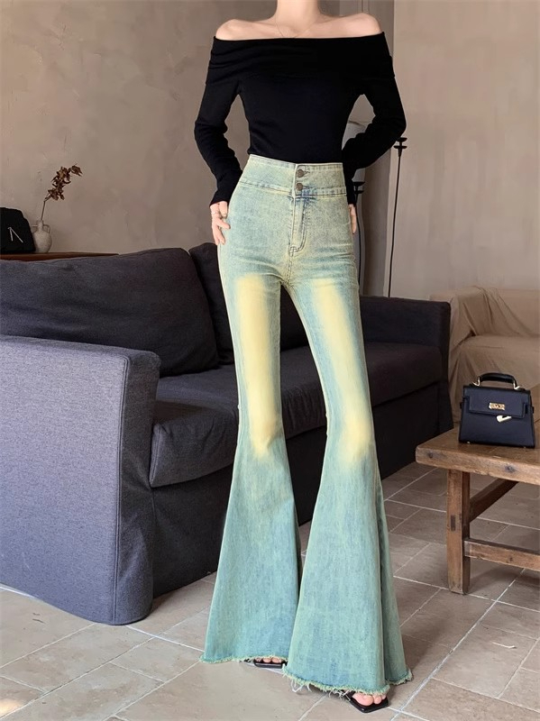 復古水洗毛邊喇叭牛仔褲女秋冬季高腰闊腿褲子休閒直筒褲拖地長褲