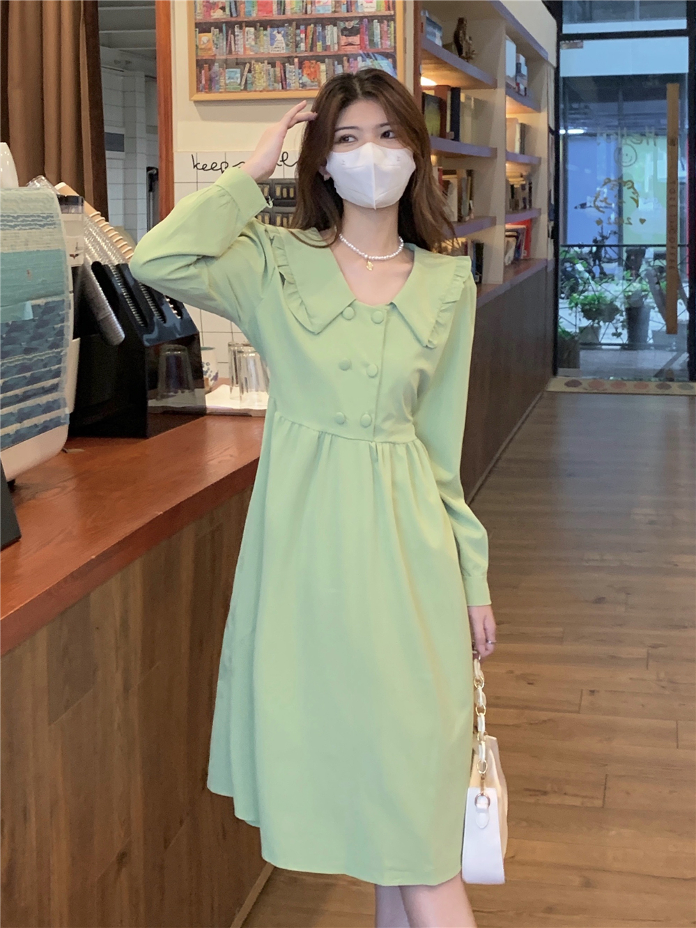 實拍 夏裝法式娃娃領氣質連衣裙女高級感收腰顯瘦泡泡袖長裙子