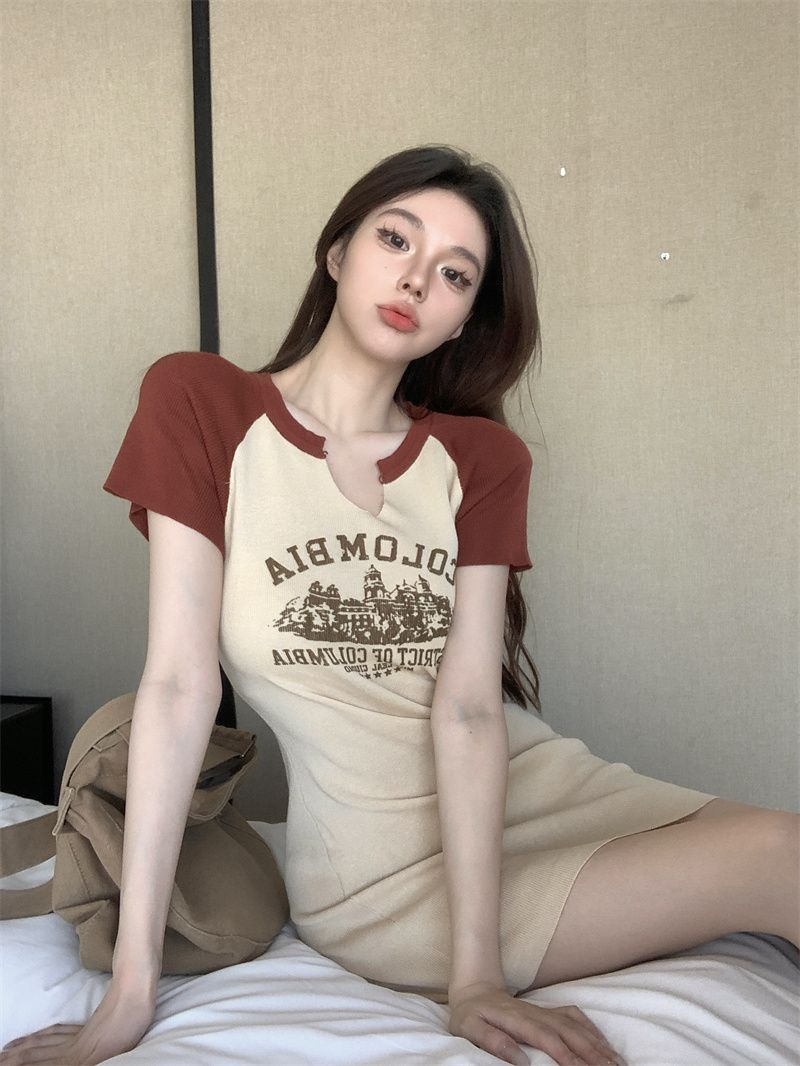 天貓質量美式復古短袖T恤針織連衣裙春季印花包臀短裙收腰裙