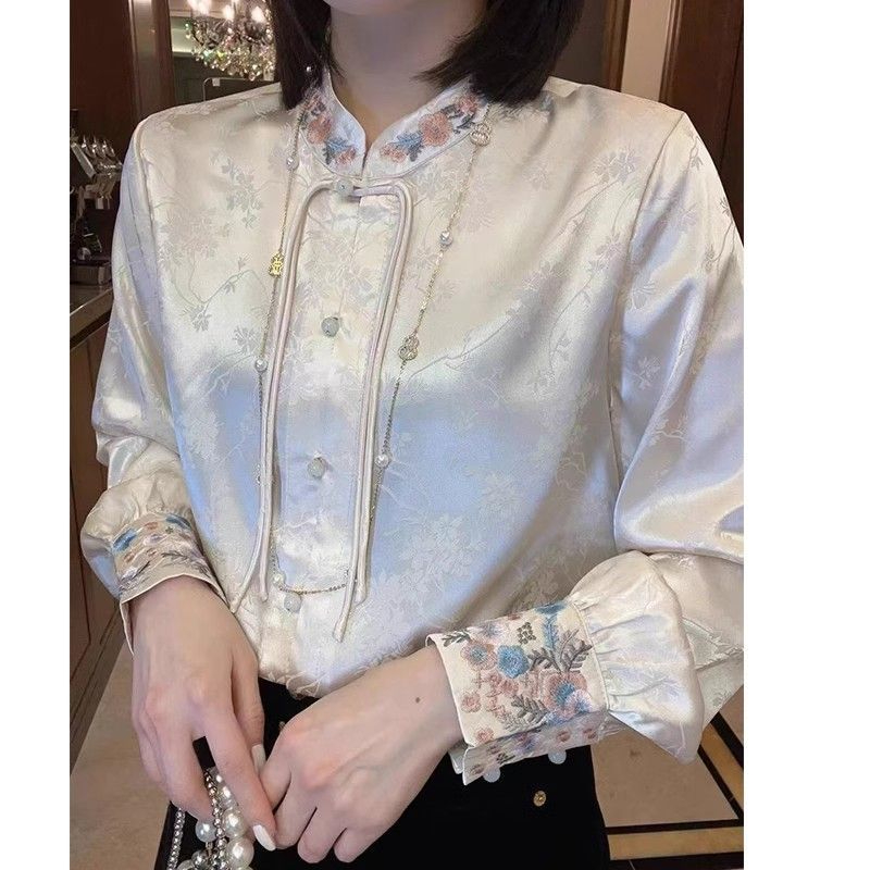 白色刺繡復古襯衫女2024春季新款禪意盤扣唐裝漢服上衣