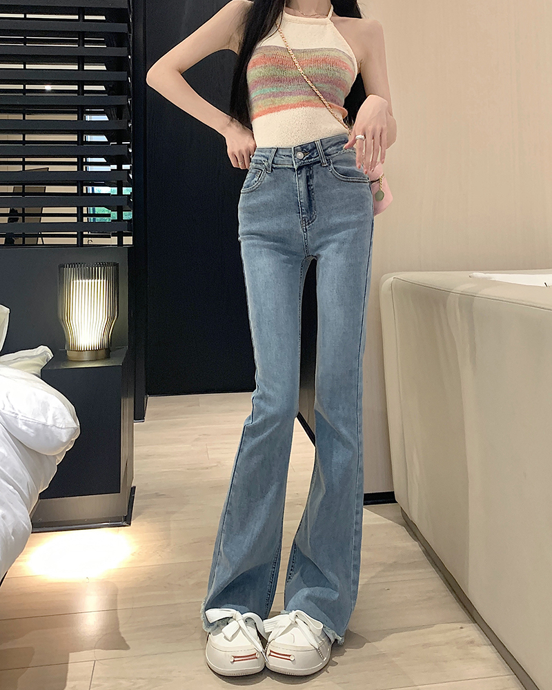 實拍復古高腰微喇叭牛仔褲女高腰直筒彈力毛邊加長馬蹄拖地褲