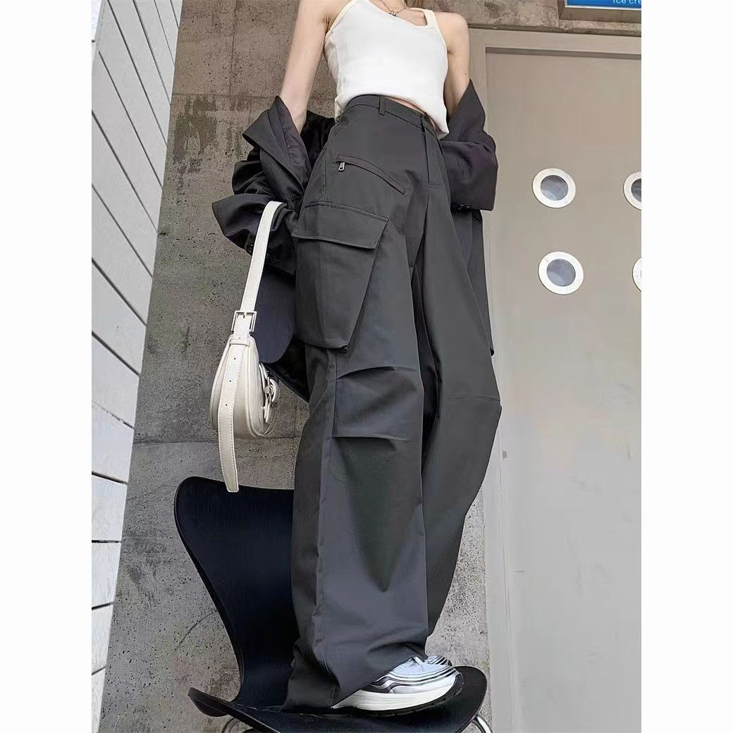 灰色工裝休閒褲女夏季美式ins潮寬鬆百搭小個子高腰闊腿褲子長褲