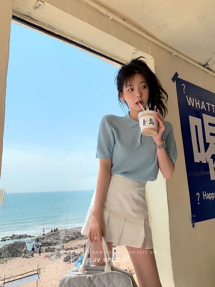 Zhang Dayi 2024 new summer sweater women's short-sleeved pullover simple polo collar loose and comfortable top for women