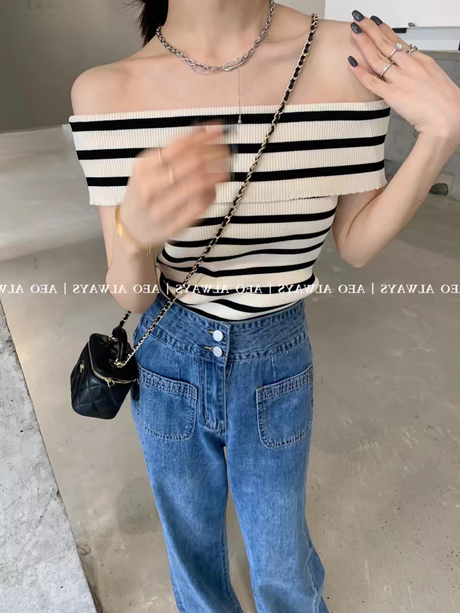 韓國chic夏季氣質小性感一字領露肩修身顯瘦條紋短袖針織衫上衣女