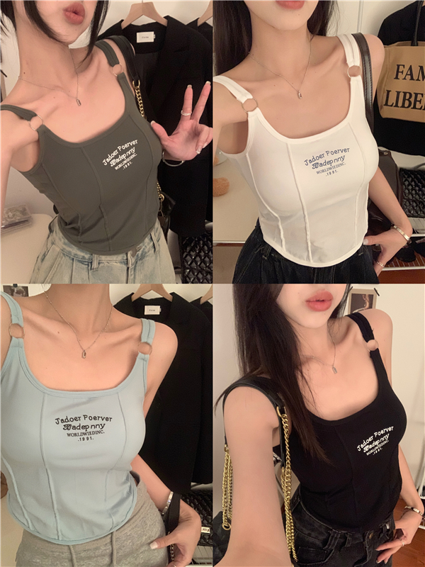 實拍純欲風短款辣妹吊帶背心夏季新款字母刺繡內搭不規則上衣