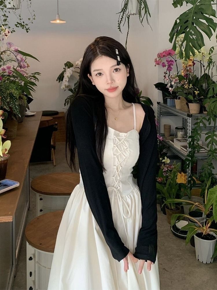 法式氣質吊帶連衣裙女套裝上衣綁帶收腰A字裙春季小眾中長款裙