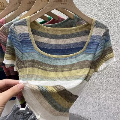 High-waisted short-sleeved sweater for women with niche design, slim summer square collar, retro striped slim T-shirt top
