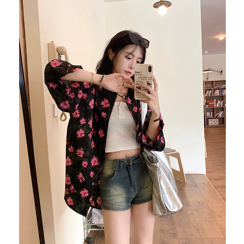 實拍  復古港風碎花襯衫女設計感小眾高級感長袖上衣