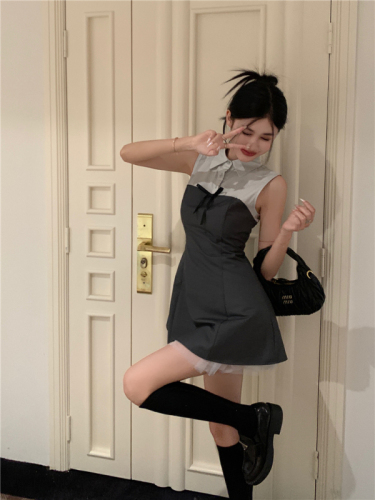 Real shot~college style color-blocked lady dress with waisted sexy temperament hot girl polo shirt skirt