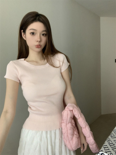 Real shot of knitted T-shirt women's summer slimming round neck pit short-sleeved bottoming top