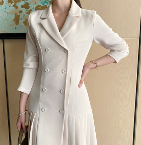 韩国chic秋季法式气质西装领连衣裙女修身双排扣风衣外套