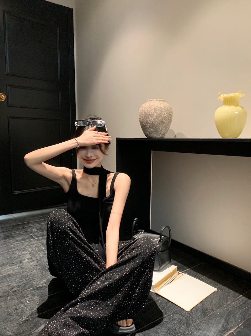 實拍 韓版寬鬆休閒高級亮閃閃高腰垂感闊腿褲慵懶風拖地長褲