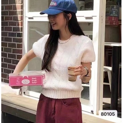 韓國chic秋季溫柔氣質圓領珍珠點綴寬鬆百搭短袖麻花針織衫毛衣女