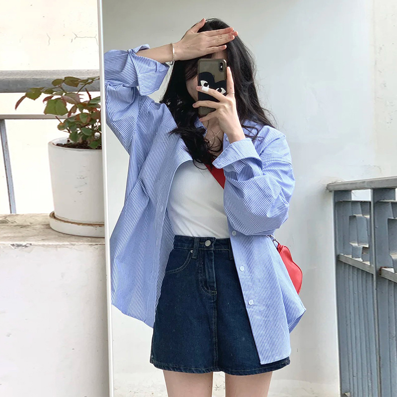 春夏季長袖防曬襯衫女小眾設計感法式藍白條紋襯衣寬鬆三件套裝