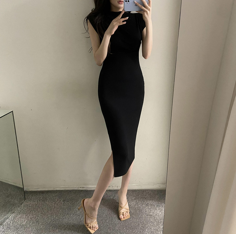 夏季新款辣妹性感純欲風一字肩露肩不規則包臀開叉邊長裙連衣裙女