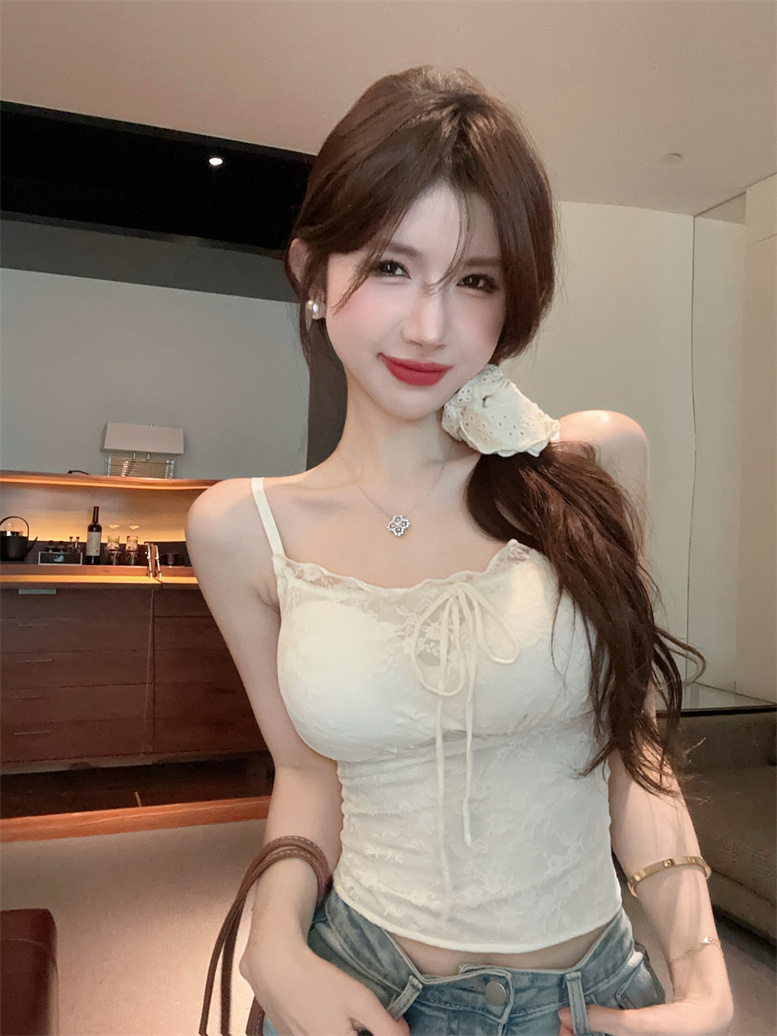 實拍純欲辣妹抽繩木耳蕾絲吊帶背心帶胸墊