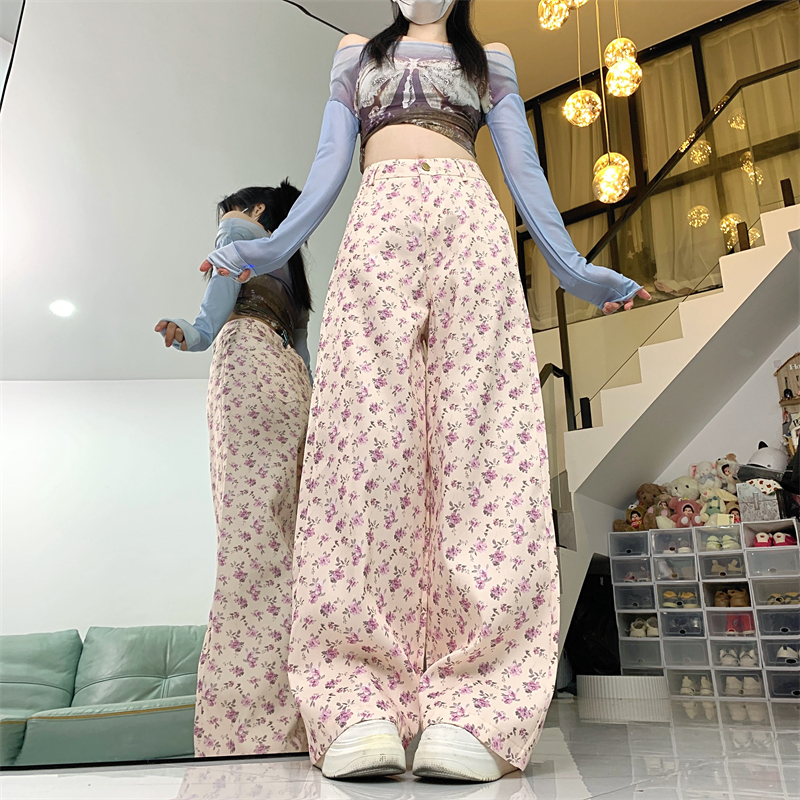實拍#2024春夏新款碎花寬鬆高腰顯瘦直筒闊腿褲女休閒拖地長褲潮