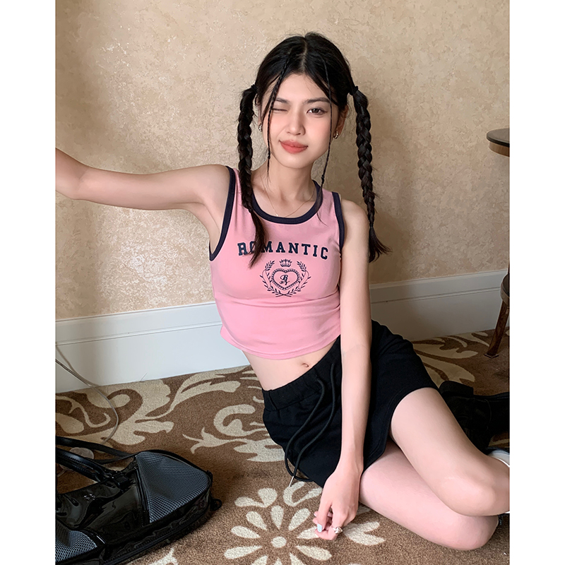 Actual shot of 2024 new summer letter printed vest suspender women's slim short color block top