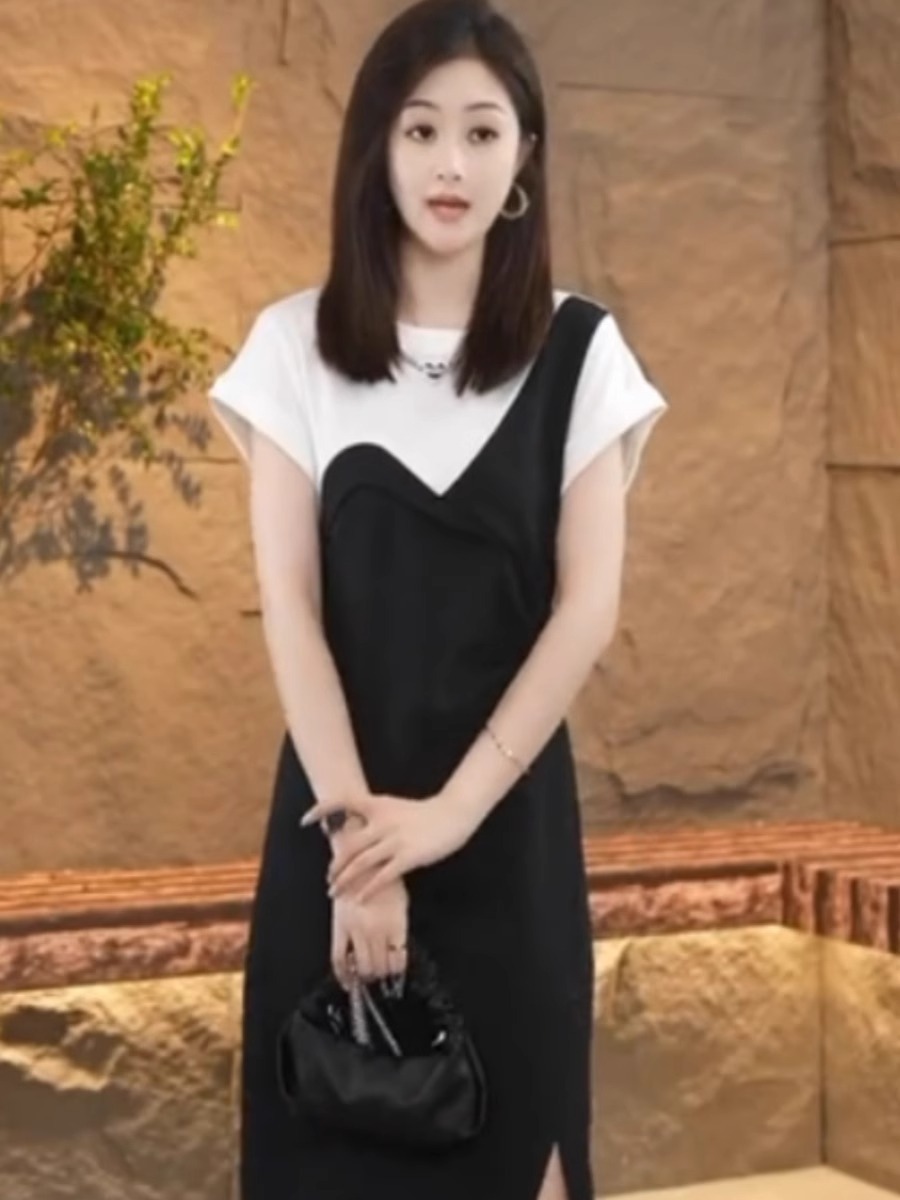 高級感拼接連衣裙女2024夏季新款小個子開衩撞色短袖A字收腰裙子