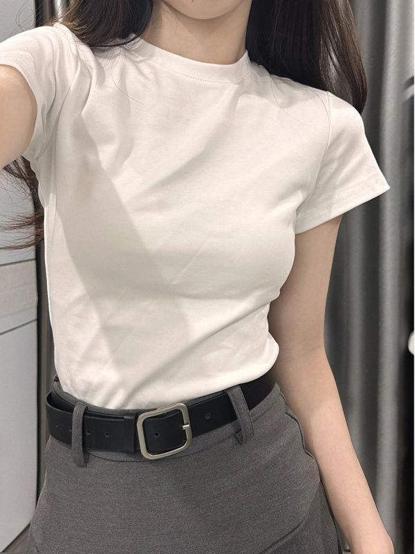 白色正肩短袖T恤女2024夏季小眾百搭修身顯瘦打底衫圓領上衣ins潮
