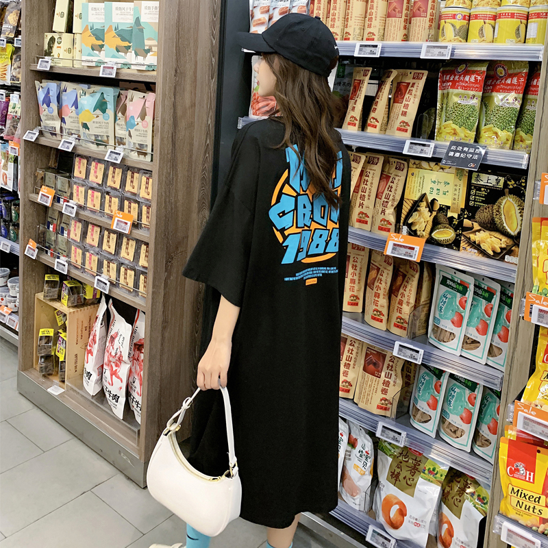 純棉休閒顯瘦短袖T恤裙子中長款大碼寬鬆遮臀胖mm過膝連衣裙