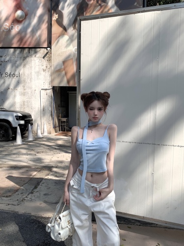 Actual shot of Korean style slimming short sweet and spicy bow-tie camisole bottoming shirt top