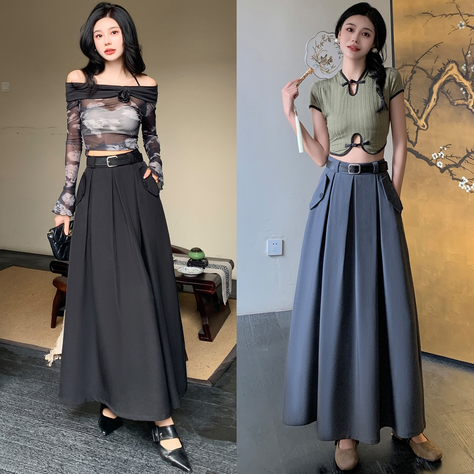 240017 Real shot of gray pleated skirt for women, high-waisted slimming A-line half-length skirt with large swing suit umbrella skirt