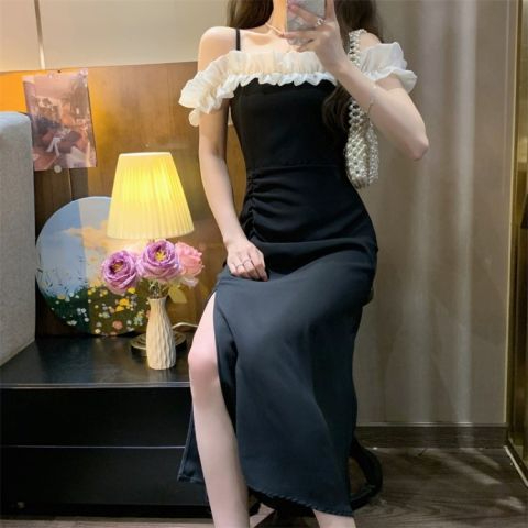 吊帶露肩連衣裙女夏裝2024夏款氣質顯瘦高級感仙女開叉長裙