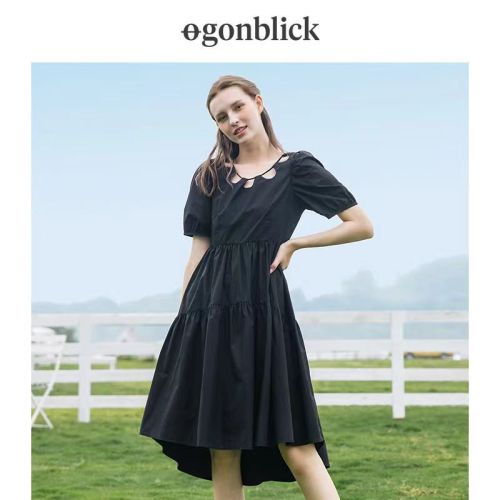 北欧时刻连衣裙女收腰显瘦气质小众设计中长款镂空小黑裙年夏