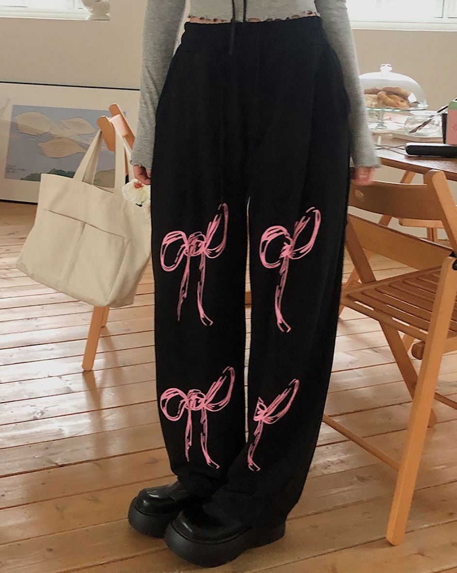 春夏~韓國ins少女復古大蝴蝶結印花鬆緊腰衛褲運動褲休閒長褲女褲