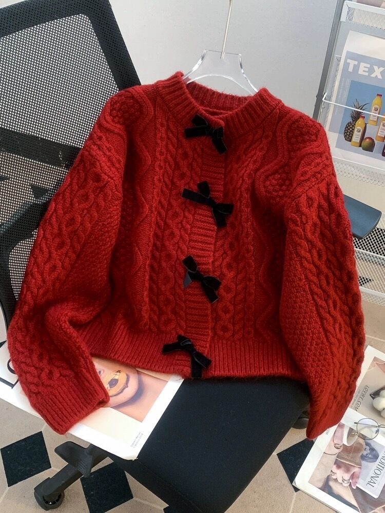 本命年紅色蝴蝶結麻花毛衣外套女秋冬季慵懶寬鬆新年外穿針織開衫