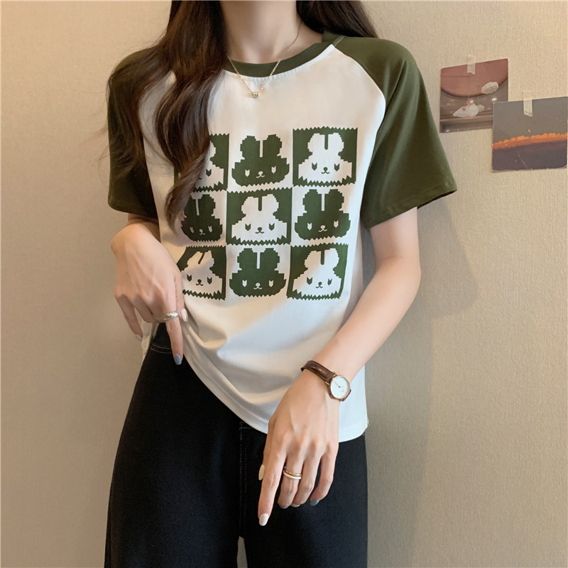 實拍 夏季韓版新款撞色九宮格兔子印花拼接插色圓領短款短袖T恤女
